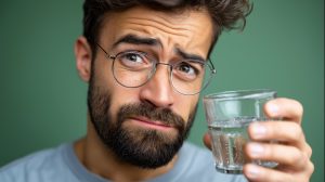 Looking at a glass of dirty water with suspicion, raised eyebrow, studio scene, dirty water, contamination, doubt, environment, safety, health, awareness, risk,