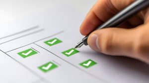 Paper checklist with green ticks and pen marking completed tasks, conceptual image symbolizing ESG compliance, corporate governance, sustainability goals, and responsible business finance practices.