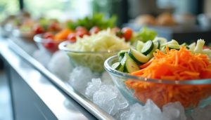 Self-service salad bar with fresh vegetables in glass bowls on ice. Buffet style presentation with carrots, cucumbers, tomatoes greens. Healthy eating catering meal option. Freshness. Culinary