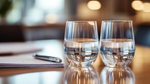 Two glasses of water on a conference table 