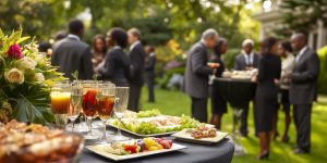 Outdoor social gathering with food and drinks, people in suits, and a vibrant floral arrangement. Professional networking event.