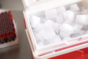 Cool box with ice cubes and test tubes of blood samples on table in clinic, closeup