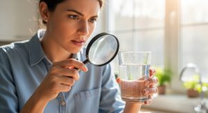 woman with a magnifying glass inspecting her glass of water. The concept is you can't always see water contamination